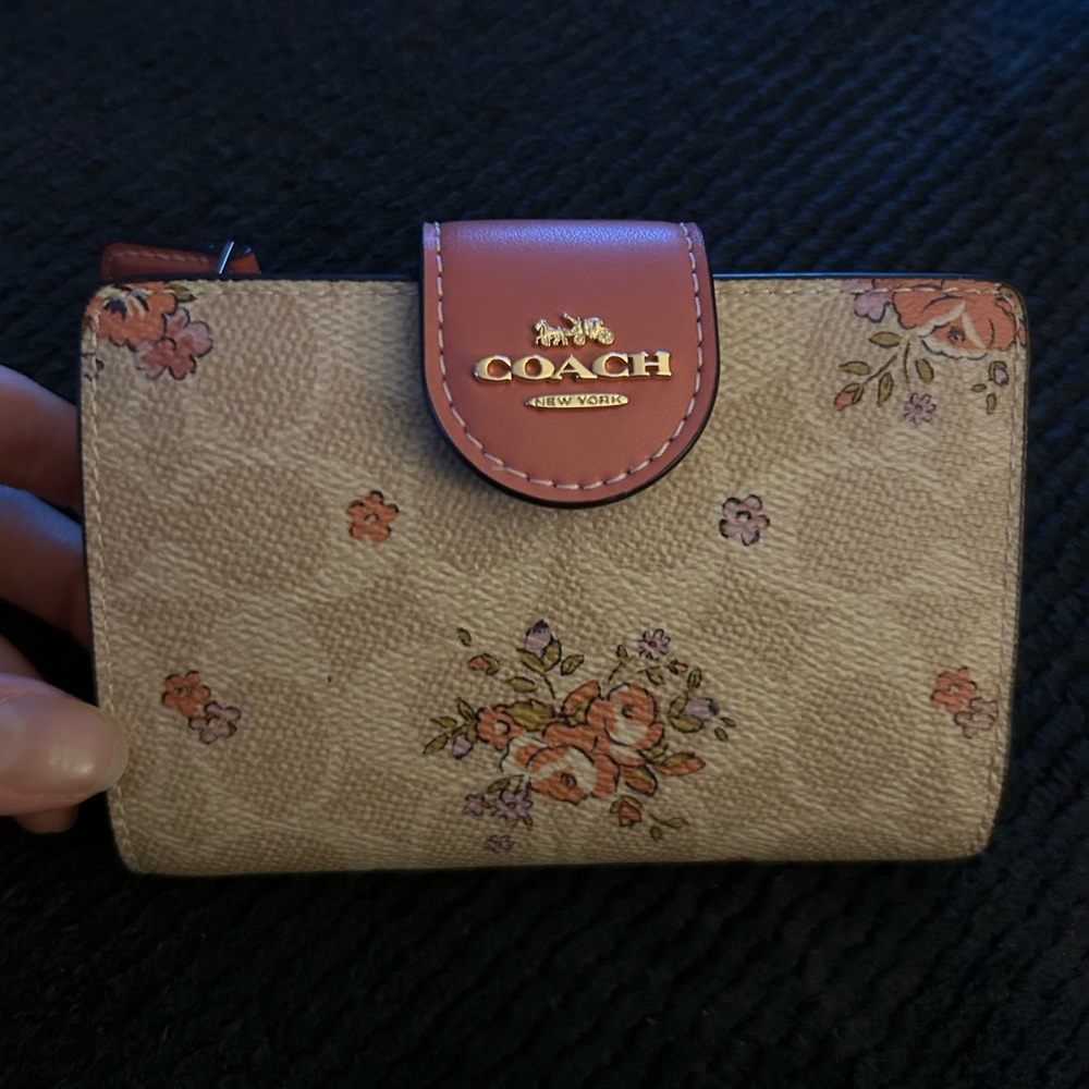 Coach Beige Floral Wallet with Pink Accents